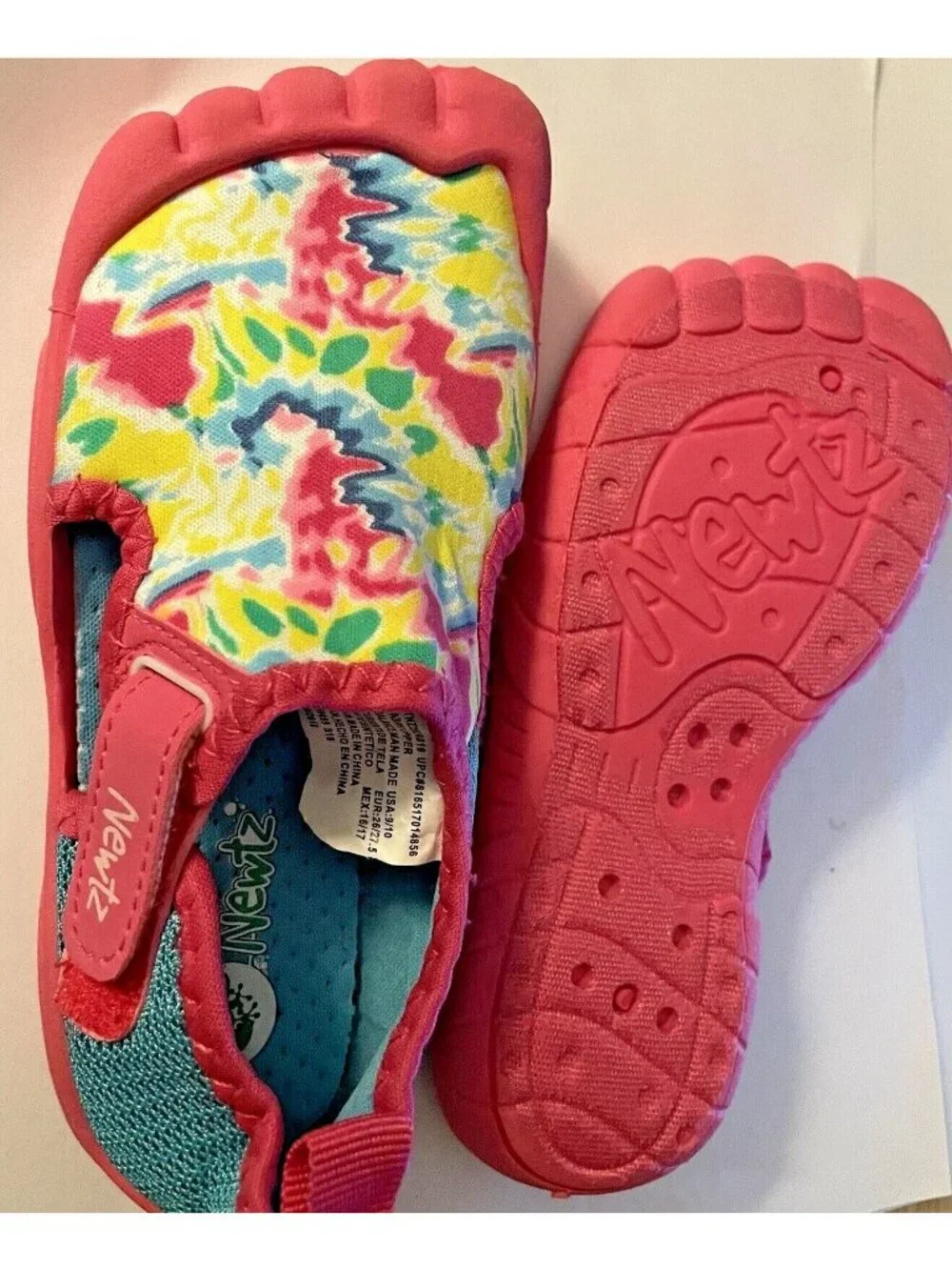 Girls Newitz 9/10 Pink Tie-Dye Swim Water Shoes Bumper Toes Vibrant Color Summer
